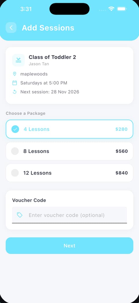 Booking a lesson in the Poolva app