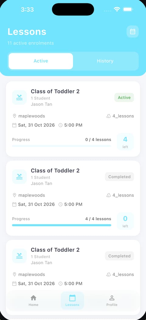 Lesson list and progress in the Poolva app